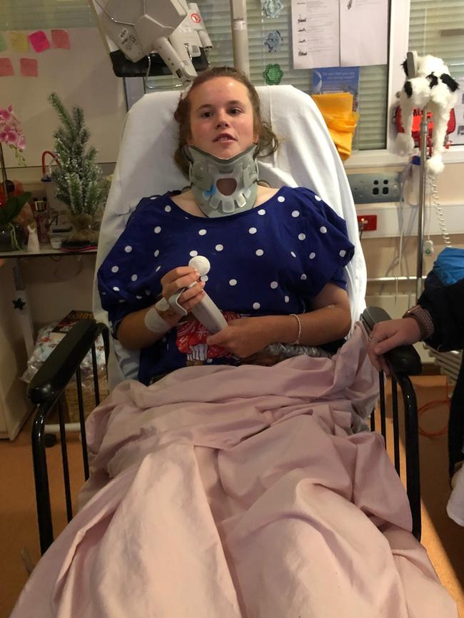 Katelin Gunn during her almost five-month-long rehabilitation from a car accident on her family’s Eyre Peninsula farm which left her a paraplegic. Picture: Supplied by the Gunn family