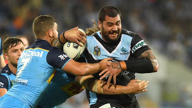 Andrew Fafita of the Sharks during the Round 8 NRL match between the Gold Coast Titans and the Cronulla Sharks at Robina Stadium on the Gold Coast, Saturday, April 28, 2018. (AAP Image/Dave Hunt) NO ARCHIVING, EDITORIAL USE ONLY