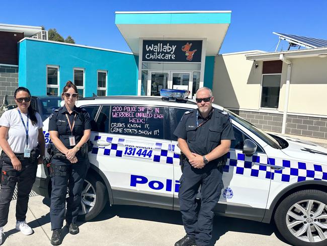 Constable Karlaine Taylor, Senior Constable Grace Buckley and acting Sergeant Mark Bradley took their pay fight to the acting Premier at Wallaby Childcare. Picture: Supplied