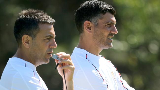 Brisbane Roar training at Griffith University Mount Gravatt Campus. Ross and John Aloisi, Assistant and Coach. Pic Jono Searle.