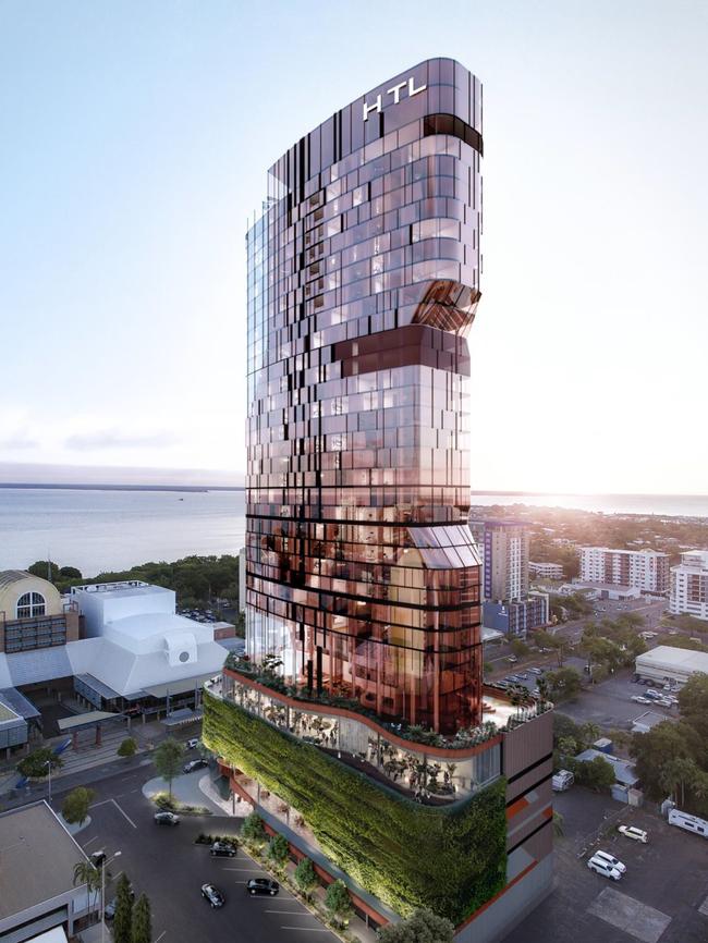 An artist's impression of the 38 storey hotel that is planned to be built in Darwin's CBD. Picture: Supplied