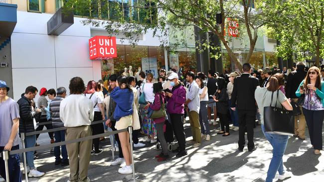 The line-up before Uniqlo’s opening on Rundle Mall in 2022. Picture: Keryn Stevens