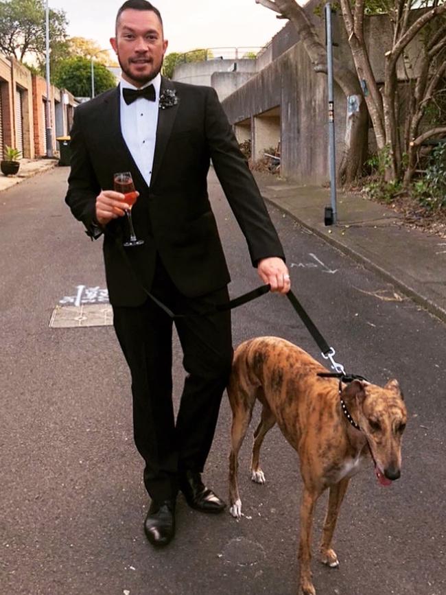 Jaay Sweedman from Sydney with his greyhound Biscuit. Picture @hrh_prince_biscuit_of_glebe_/Instagram