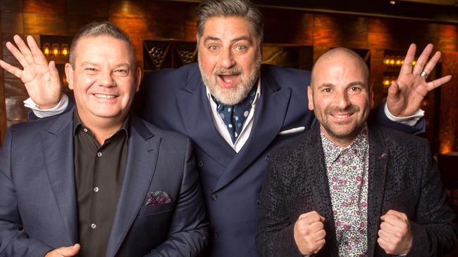 George Calombaris, Matt Preston and Gary Mehigan launch the 10th season of MasterChef. Picture: Jay Town