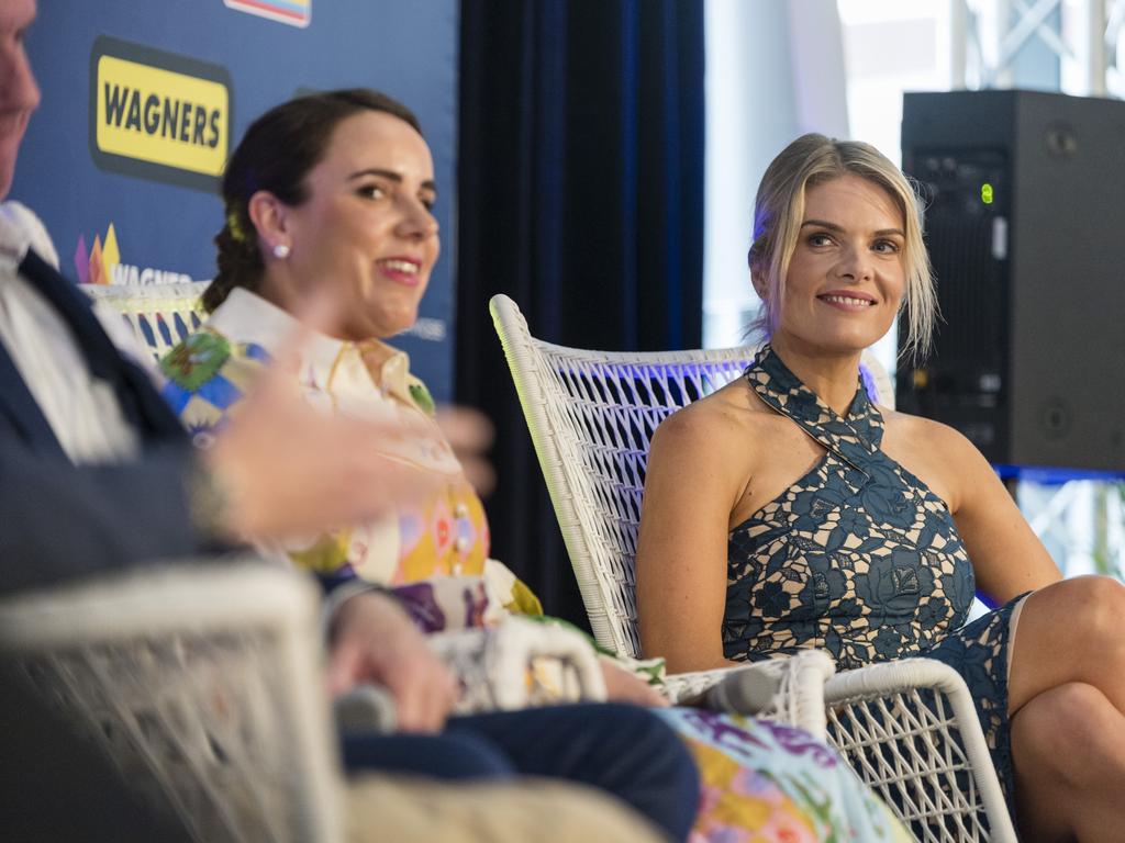 Erin Molan (right) on stage during a panel discussion at It's A Bloke Thing 2023 at Wellcamp Airport, Friday, August 18, 2023. Picture: Kevin Farmer