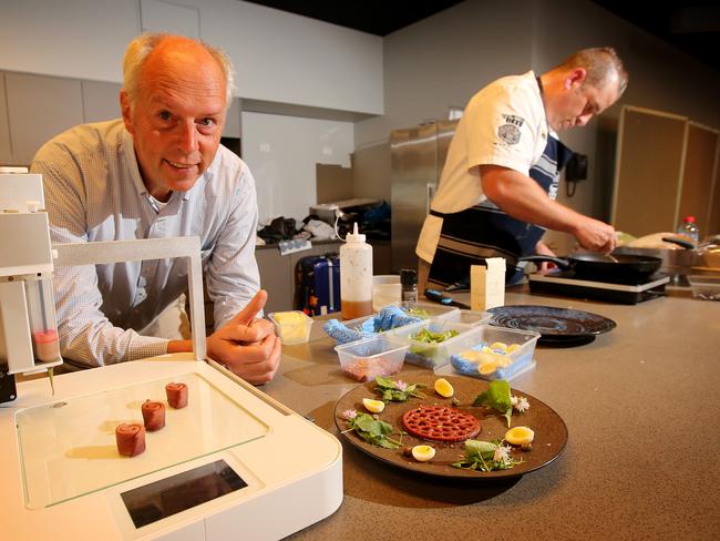 02/05/2017: Frits Hoff, inventor of a 3D printer for meat with Executive Chef Sam Burke from Livestock Australia, teaming up to create printed food at Monash University Clayton. Picture: Stuart McEvoy for the Australian.