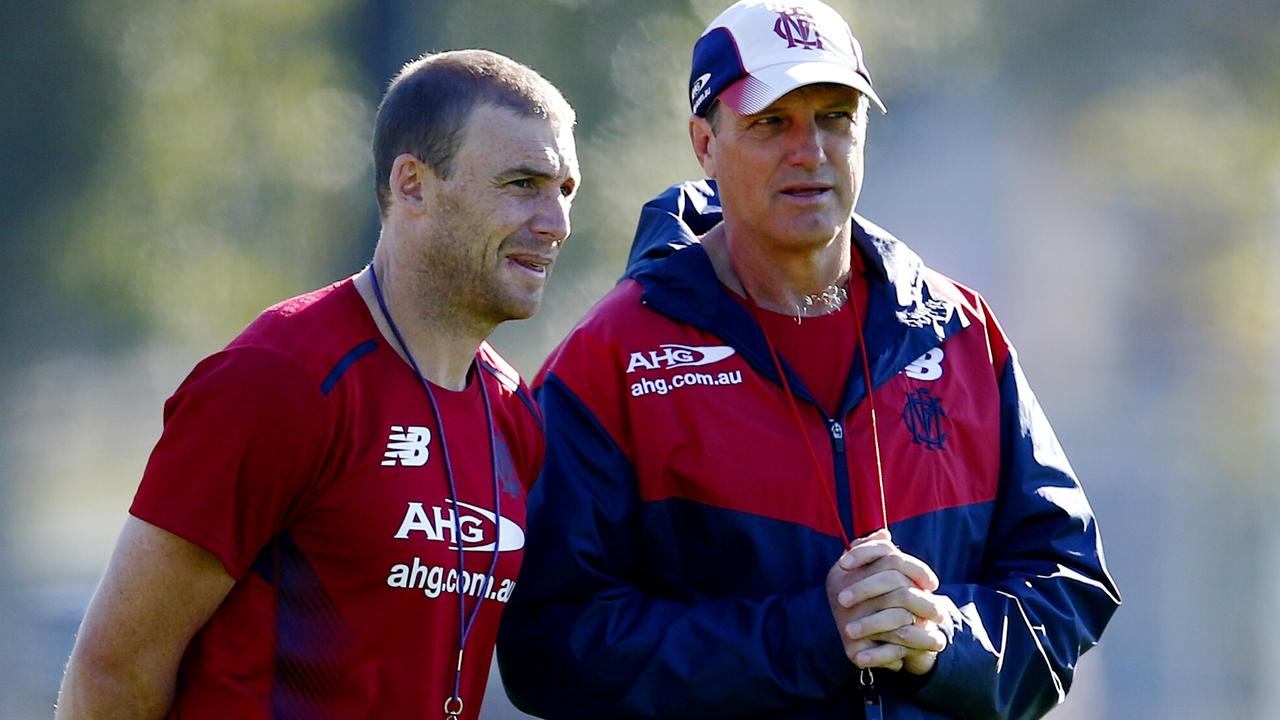 Melbourne training a Goschs Paddock. Coach Paul Roos and assistant Simon Goodwin . Pic: Michael Klein