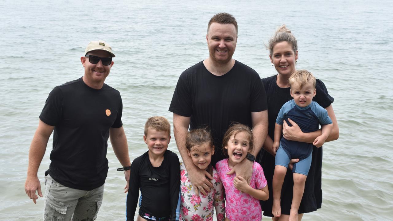 Dermo, Jake, Ella, Ava, Kerry, Stu and Parker in Cotton Tree Park, Maroochydore for Boxing Day. Picture: Sam Turner