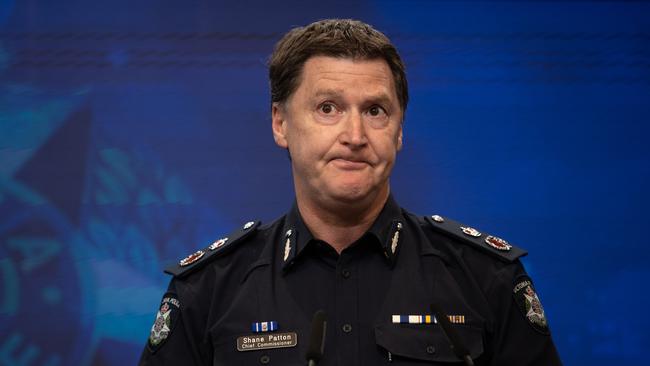 Chief Commissioner Shane Patton addresses the Jason Roberts not guilty verdict. Picture: Jason Edwards