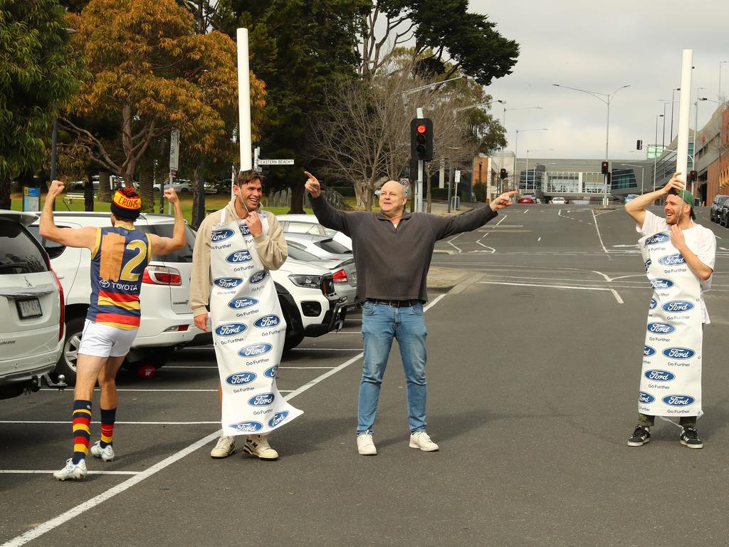 Tom Hawkins, Isaac Smith, Cam Guthrie and Billy Brownless arriving for the Cats Mad Monday. Picture: Alison Wynd