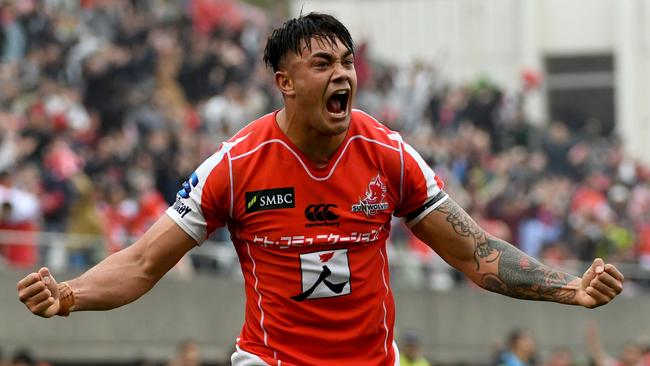 Rahboni Warren Vosayaco of the Sunwolves reacts after his team won their Super Rugby match.