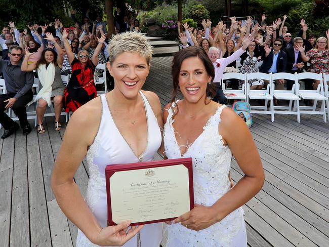 Five-time Olympian Natalie Cook marries her partner Sarah Maxwell at Secrets at Montville, in ther Sunshine Coast hinterland.  Picture: Nathan Richter