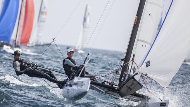 Will Cooley (left) competing at the Nacra15 Barcelona World Championships in 2018.