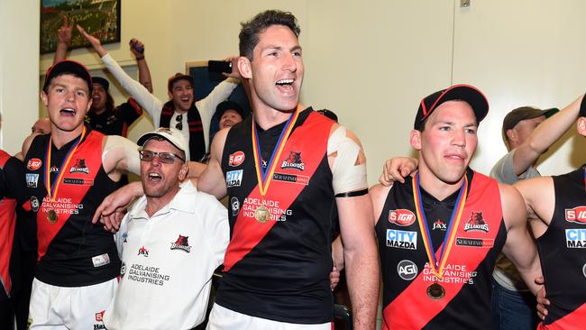 27/09/15 - Colour photos from SANFL Grand Final at Adelaide Oval between West Adelaide and Woodville West Torrens. West Adelaide players singing the club song. Photo Tom Huntley