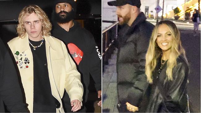 The Kid Laroi flanked by security as he heads for a Sydney Harbour cruise (left) and (right) Pat Handlin and Samantha Jade board the boat. Pictures: MEDIA-MODE