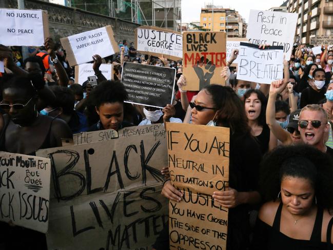 Demonstrators take part in a protest over the police killing of George Floyd in Barcelona. Picture: Pau Barrena