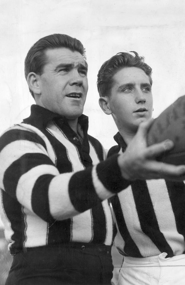 Collingwood's Lou Richard with Graeme Pannam, 16, son of Alby in the 1950s.