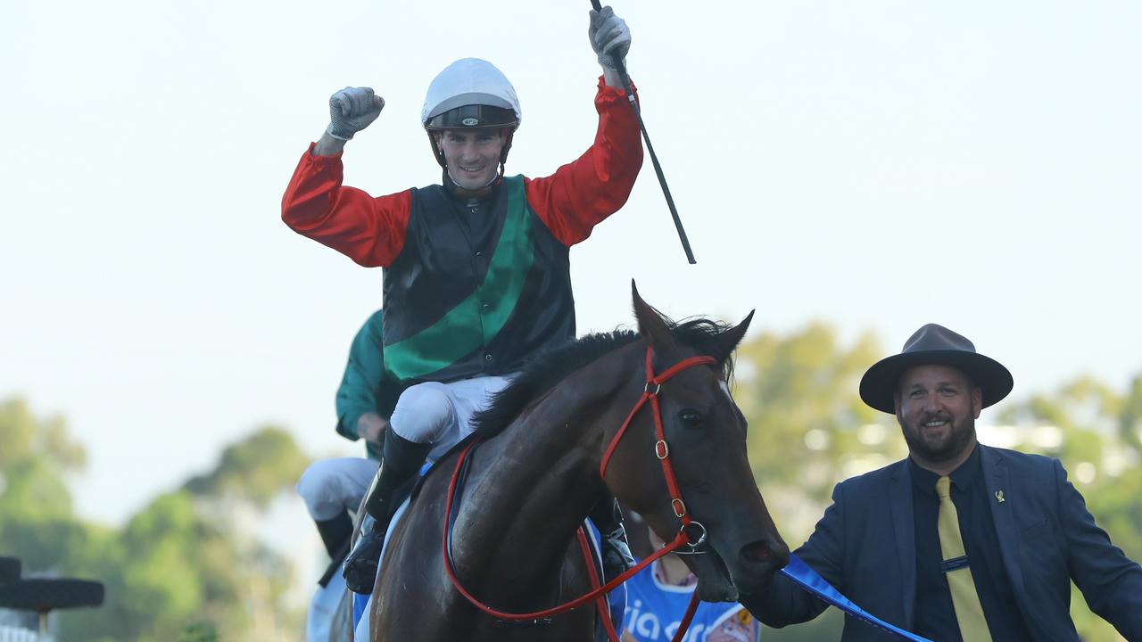 Tyler Schiller returning to winner’s stall aboard Mariamia. Picture: Jeremy Ng/Getty Images