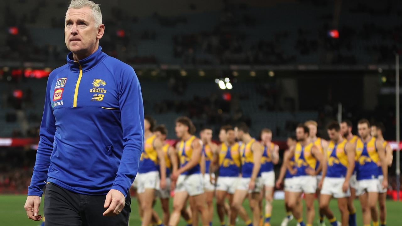 Eagles coach Adam Simpson, seen here walking off Marvel Stadium on August 5, is under enormous pressure. (Photo by Robert Cianflone/Getty Images)