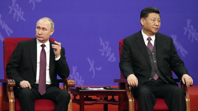 Russian President Vladimir Putin and Chinese President Xi Jinping on the sidelines of the Belt and Road forum in Beijing. Picture: AP