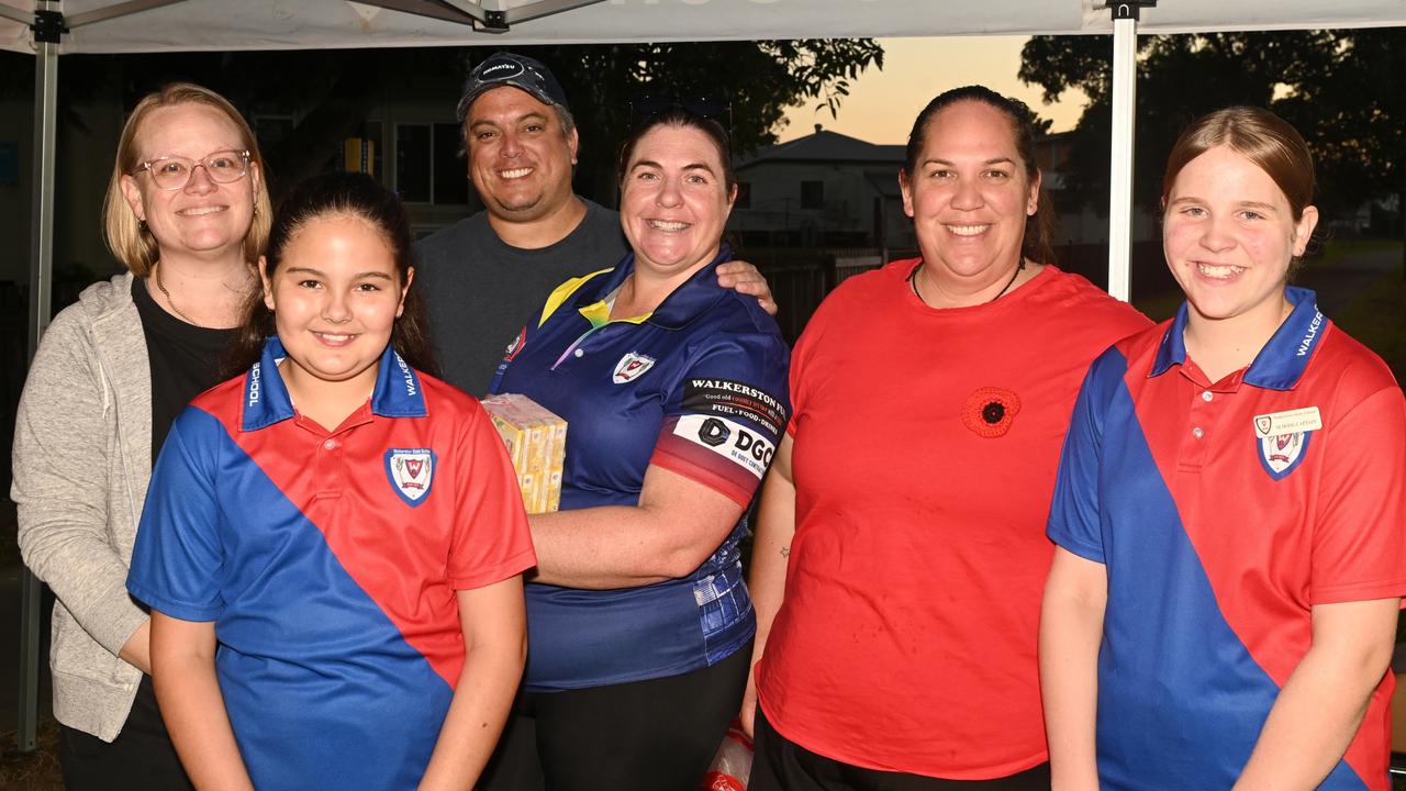 Jody Vassallo, Quinn Wood, Vlad Nikolic, Alainie Nikolic, Kahlee Boyd and Louisa Vassallo 5am ANZAC Day Walkerston Friday 25 April 2025 Picture:Michaela Harlow