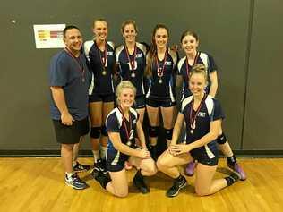 BIG WIN: The Toowoomba Titans women's team (from back left) coach Chris Hillman, Sophie Thornton, Sarah English, Georgia Parsons, Erin Phillips, Cassie Thomas and Tessa Knight on gold at the Aces United Volleyball tournament. Picture: Contributed