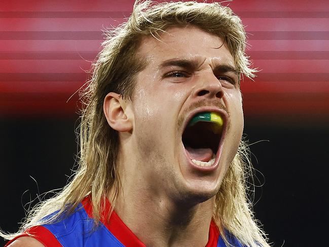 MELBOURNE, AUSTRALIA - AUGUST 13: Bailey Smith of the Bulldogs celebrates kicking a goal during the round 22 AFL match between the Western Bulldogs and the Greater Western Sydney Giants at Marvel Stadium on August 13, 2022 in Melbourne, Australia. (Photo by Daniel Pockett/Getty Images)