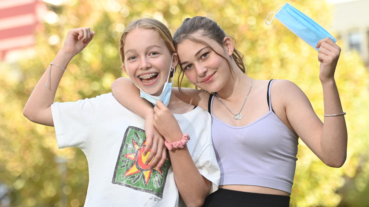 Unley High students Milla Bament-Green, 13 and Lily Martin, 13, hoping for an end to masks in schools. Picture: Keryn Stevens