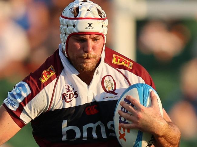 PERTH, AUSTRALIA - MARCH 01: Fraser McReight of the Reds is tackled during the round three Super Rugby Pacific match between Western Force and Queensland Reds at HBF Park, on March 01, 2025, in Perth, Australia. (Photo by Janelle St Pierre/Getty Images)