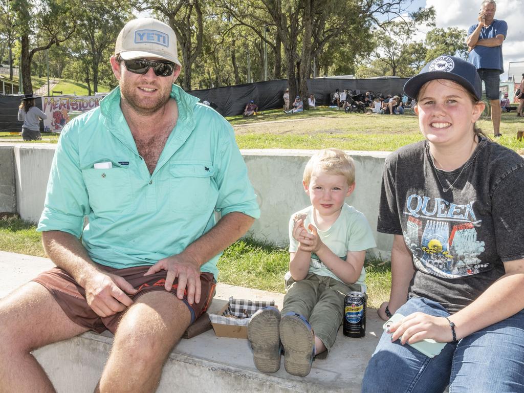 (from left) Chris, Henry and Holly Beare. Meatstock 2023 at Toowoomba Showgrounds. Saturday, April 15, 2023. Picture: Nev Madsen.