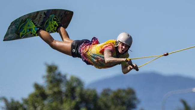 Wake boarder Misha Muller lapping up the blue skies and warm weather. Picture: Brian Cassey