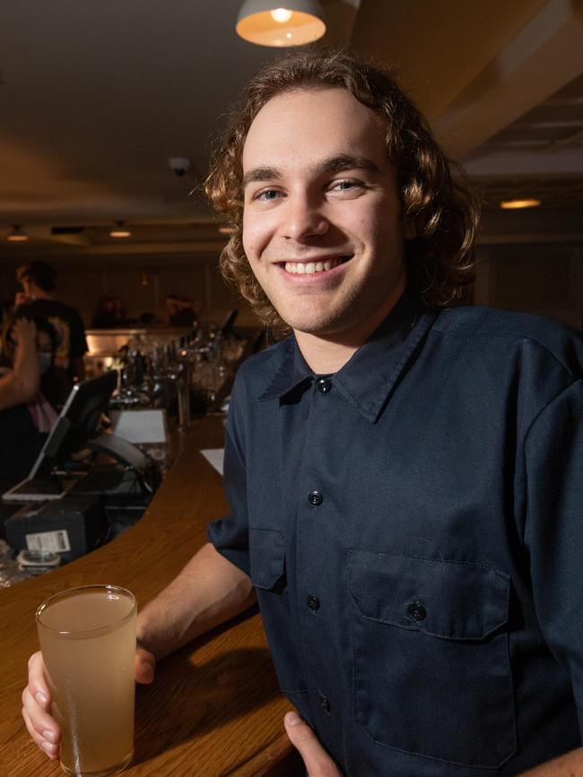 Jakub Kamen celebrates his first schooner since lockdown at The Clock in Surry Hills.