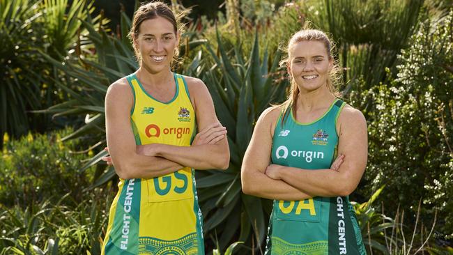 Cara Koenen (L) and Steph Wood in Australian Diamonds colours. The pair has played together at the Lightning since the inaugural Super Netball season and is set to be joined by Liz Watson and Courtney Bruce. Photo: Getty Images