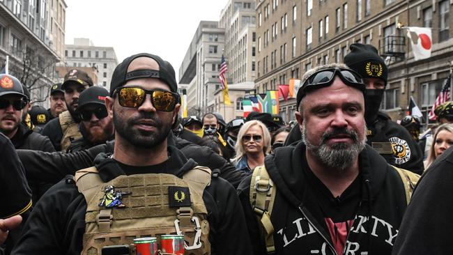 Former Proud Boys chairman Enrique Tarrio, left, and Joe Biggs, right, protest in Washington, DC in 2020. Picture: AFP