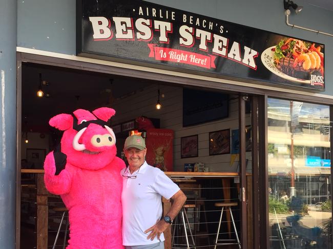 Hog’s Breath Cafe founder and company director Don Algie with mascot Hogster at the cafe, which celebrated 30 years in 2009.