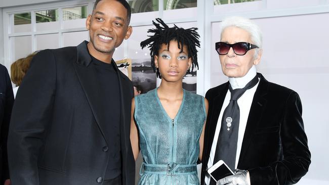 Will Smith, daughter Willow Smith and Karl Lagerfeld at the Chanel Haute Couture Fall/Winter 2016-2017 in Paris.