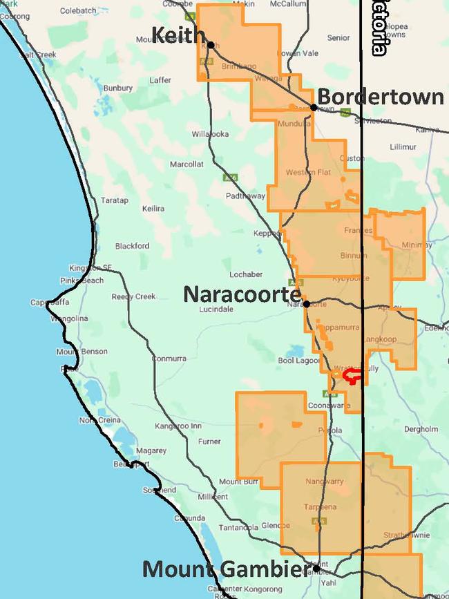 Exploration areas in orange and the first proposed mining lease area (Koppamurra) in red. Picture: Supplied