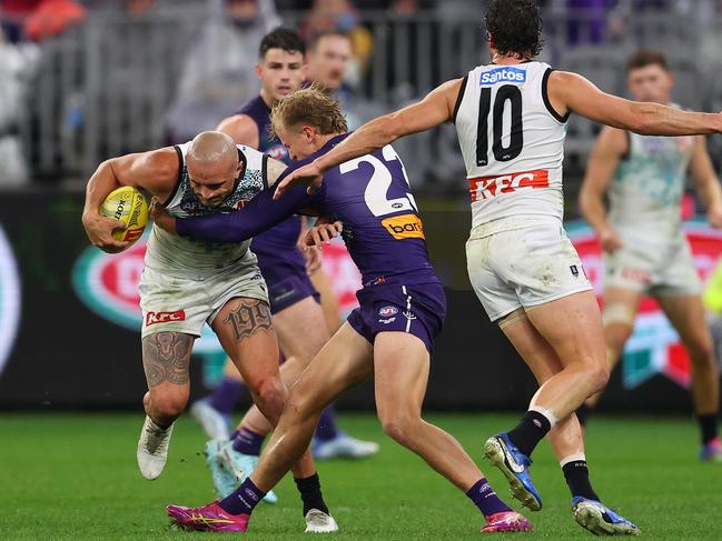 Karl Worner takes down Sam Powell-Pepper. Picture: Paul Kane/Getty Images