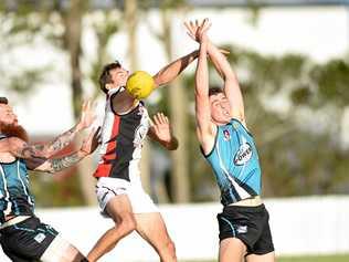 Wide Bay AFL - Brothers Bulldogs v Bay Power - Andrew Hartfield (Bulldogs) and Tom Miller (Power) leap for the ball earlier this season. Picture: Cody Fox