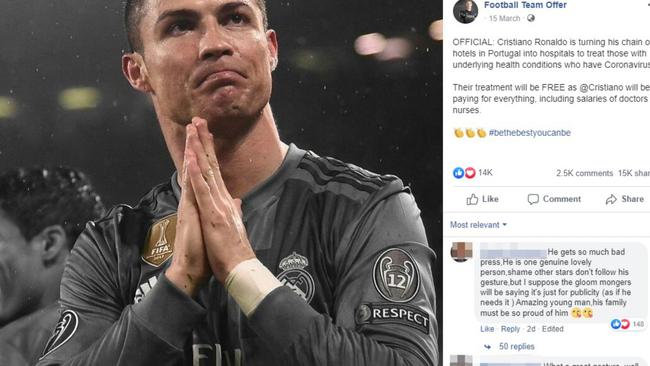 A Facebook post claims Cristiano Ronaldo responded to COVID-19 by turning his hotels into hospitals. It has been debunked by AAP FactCheck. Picture: Facebook /AAP