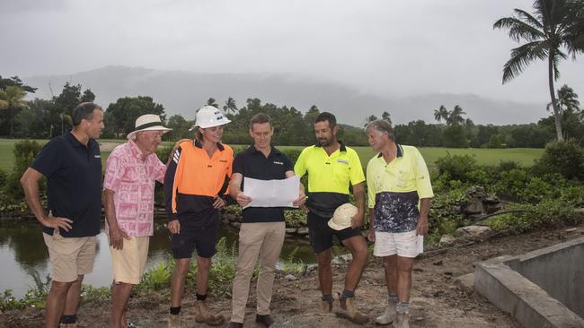 “Mr Port Douglas”, 93-year-old John Morris at his latest development in Port Douglas. Pictured here with John (second from left) is Brian Collyer, Dylan Colliker, John McPherson, Nathan King, Robbie McKnee at the development. Picture: Brian Cassey