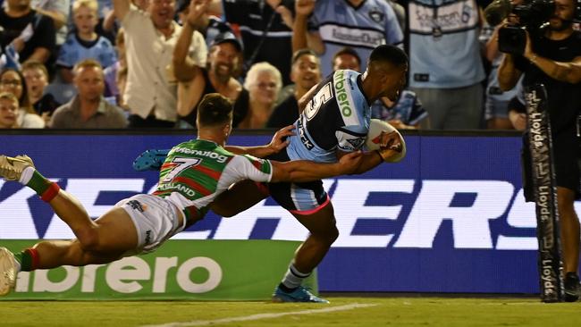 Ronaldo Mulitalo in action for the Sharks during their round one loss to the Rabbitohs... a match for which he copped a lot of online abuse. Picture: NRL Photos