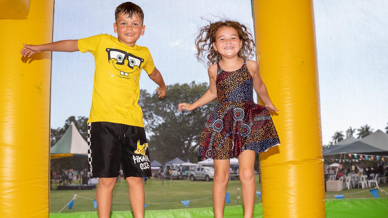 Emmett Dalton and Eleanor Phillips at the Charles Darwin University Darwin NAIDOC Family Fun Day at University Pirates Rugby Union Oval, Casuarina. Picture: Pema Tamang Pakhrin