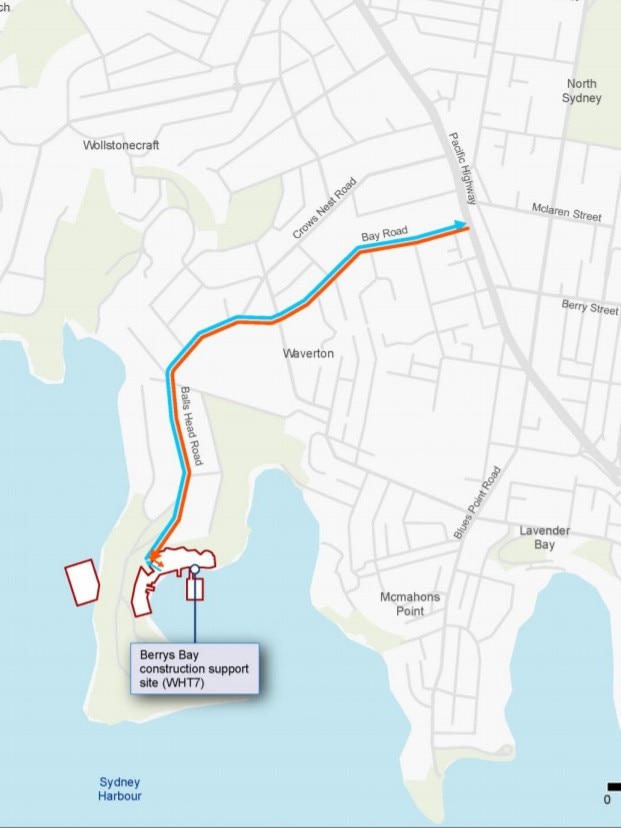 The proposed vehicle route from Berrys Bay.