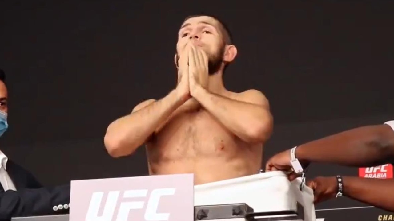 Khabib's relief was obvious after making weight for Sunday's blockbuster.