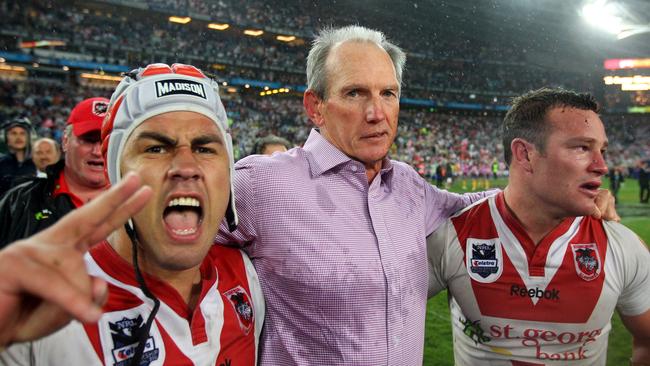 NEWS: NRL- Grand Final Sydney Roosters v St.George Illawarra Dragons at ANZ Stadium. Jamie Soward , Wayne Bennett and Dean Young after the siren .