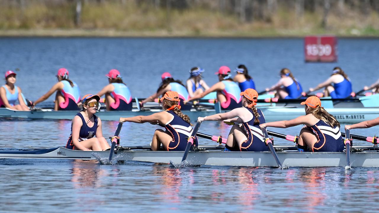 St Margaret’s in action last year at the Brisbane Schoolgirl rowing association head of river. Saturday August 26, 2023. Picture, John Gass