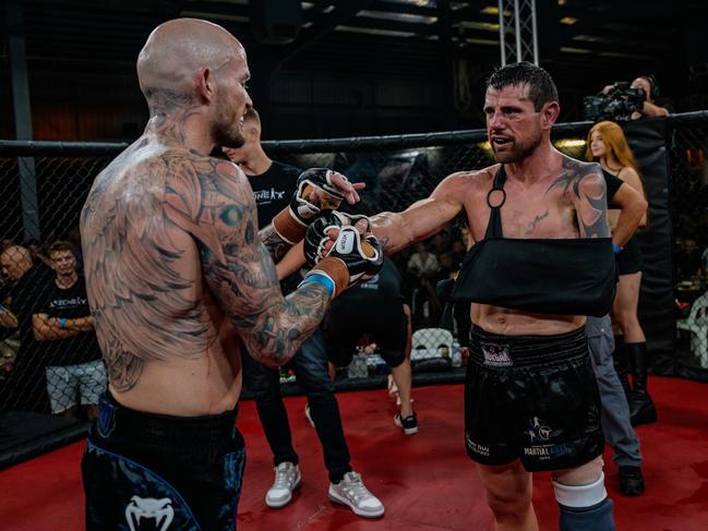 Amputee fighters Glenn Dickson and Buck Cooper square off in the cage during the Explosive Fight Promotions fight night on Saturday June 1 in an Australian first. Picture: Emily Barker