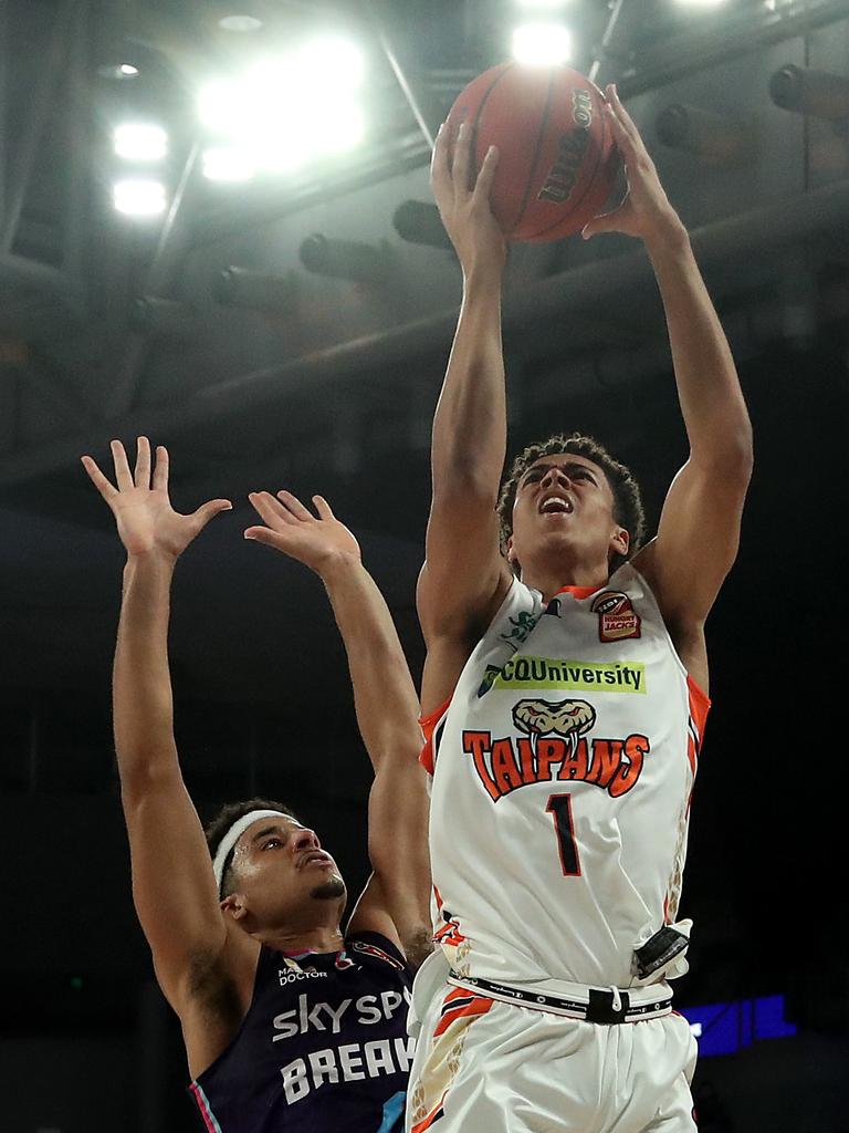 Mojave King shoots under pressure during the NBL Cup match between the New Zealand Breakers and the Cairns Taipans at John Cain Arena on March 10, 2021, in Melbourne, Australia. (Photo by Graham Denholm/Getty Images)