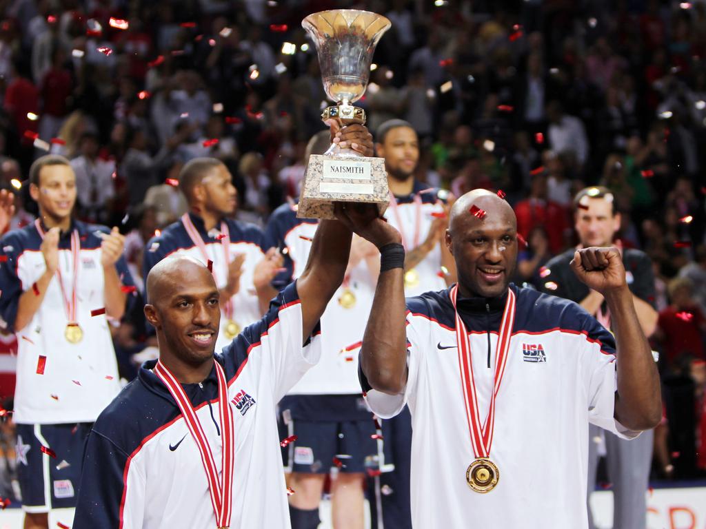 Chauncey Billups and Lamar Odom of USA hold up the trophy following the game against Turkey during the 2010 Basketball World Championships on September 12, 2010 in Istanbul. Picture: Getty